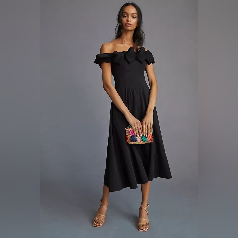 Maeve x Anthropologie off-the-shoulder bow midi dress in black. Size US 14